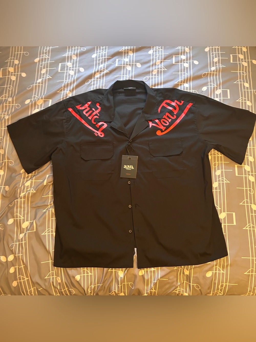 Von Dutch Black Short-Sleeve Button-Up Shirt with Red Script